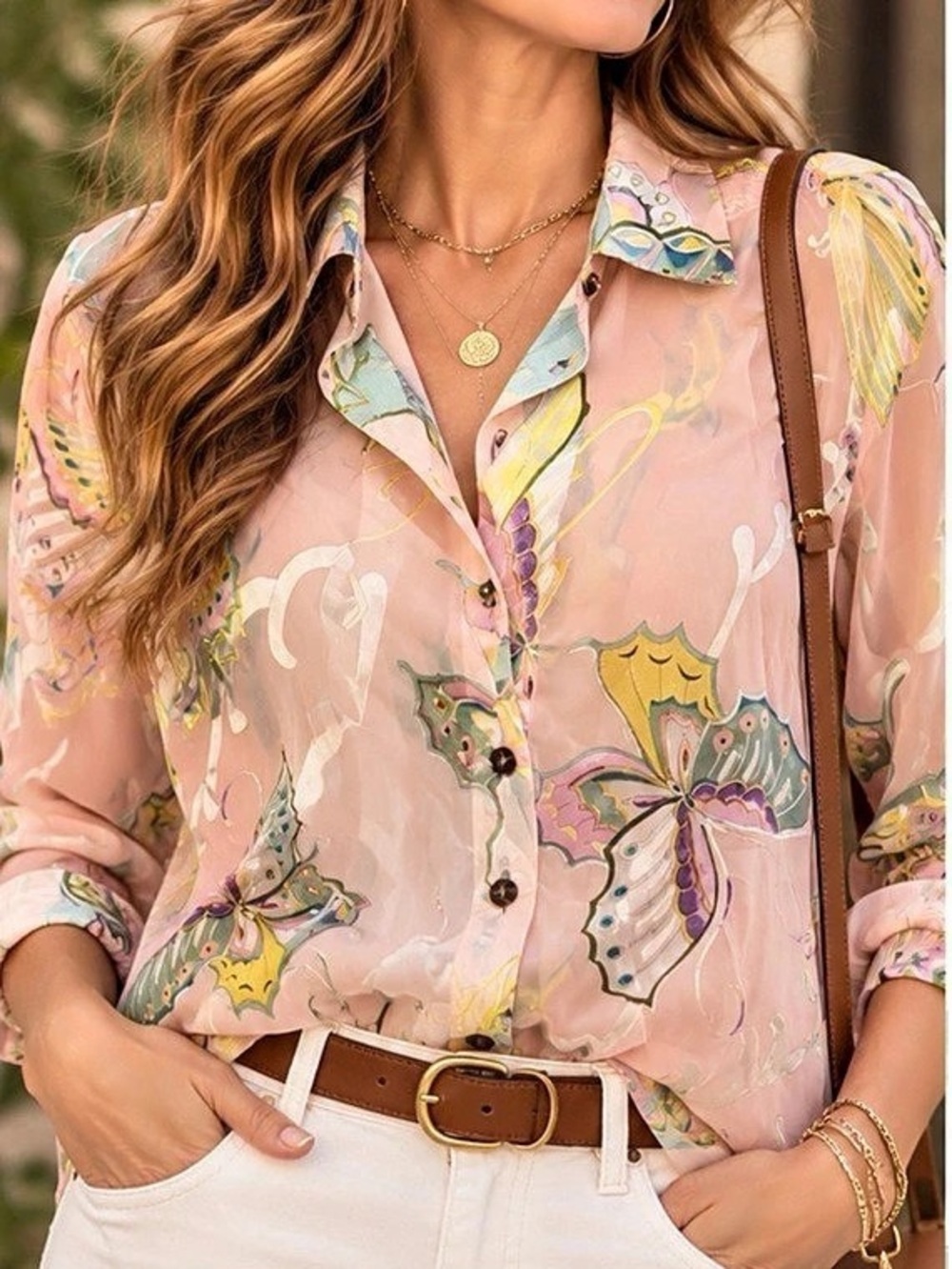 Ameri Mode Silk Blend Butterfly Blouse M Sheer Boho